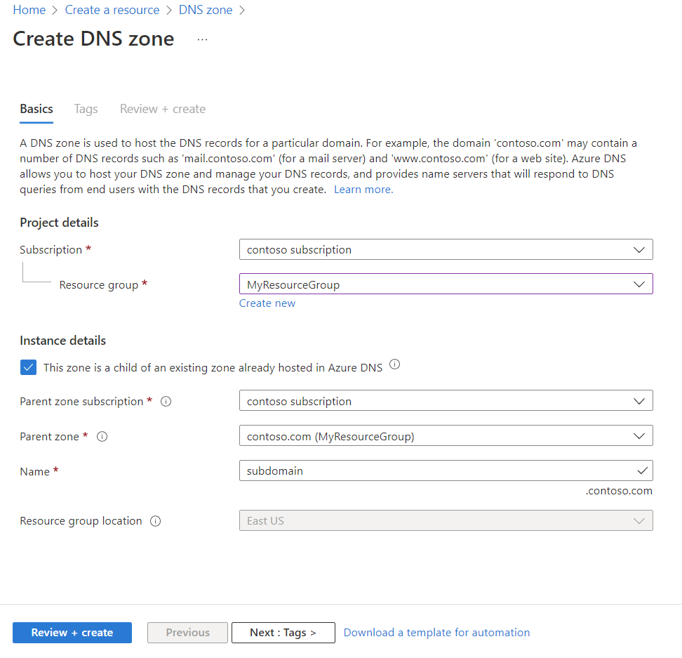 Screenshot: Seite zum Erstellen einer DNS-Zone, auf die über die Schaltfläche „Erstellen“ auf der Seite „DNS-Zone“ zugegriffen wird