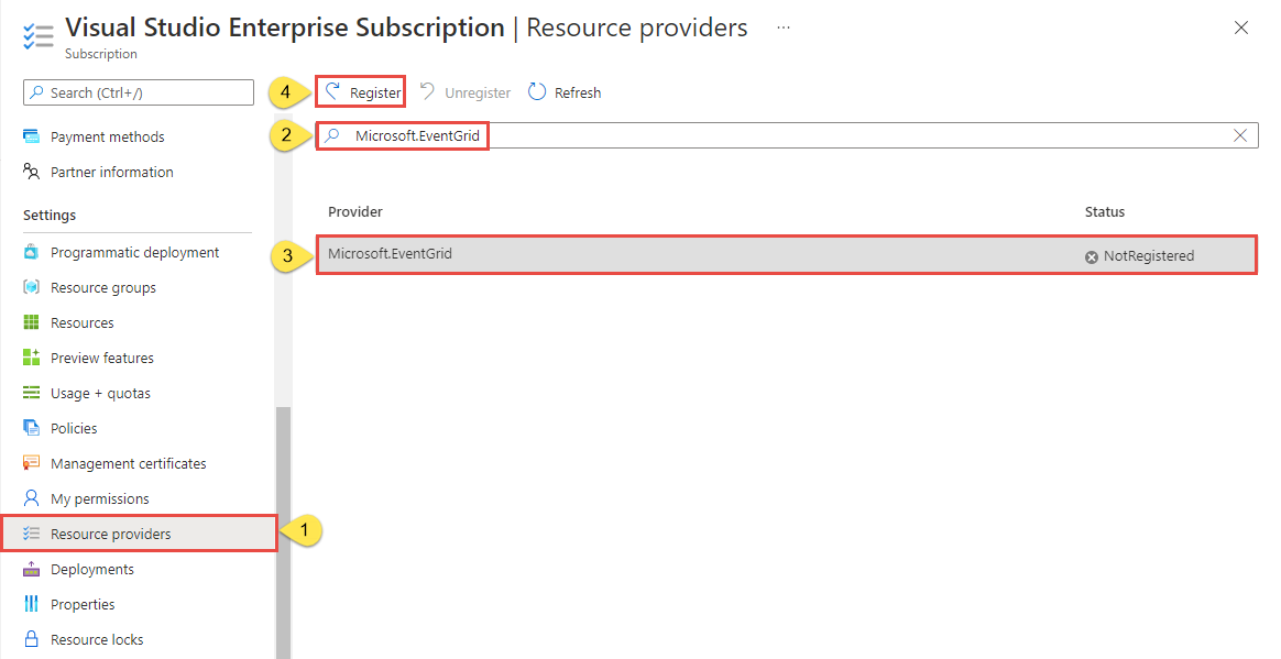 Bild, das die Registrierung des Microsoft.EventGrid-Anbieters mit dem Azure-Abonnement zeigt.