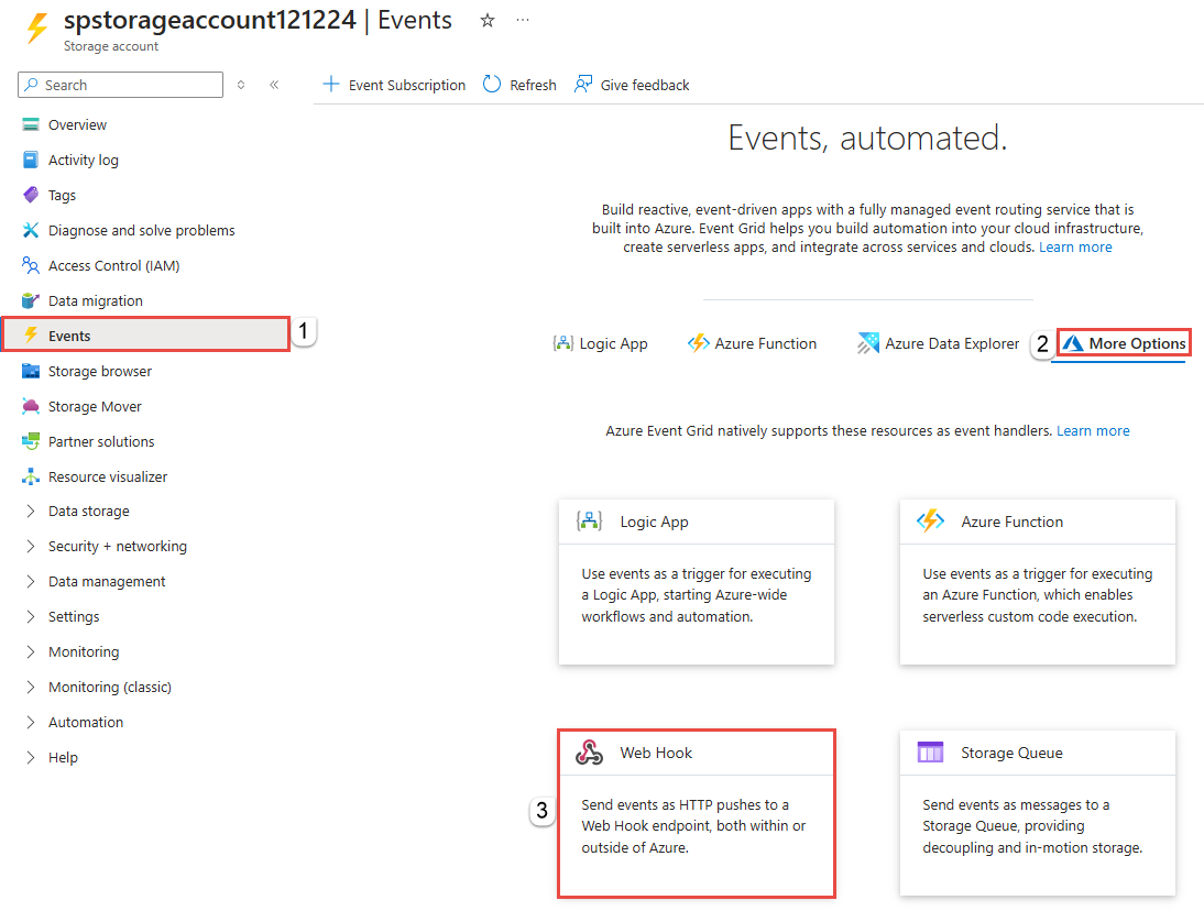 Screenshot showing the selection of Web Hook on the Events page.