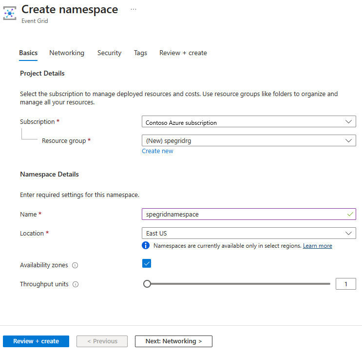 Screenshot der Registerkarte „Grundlagen“ der Seite „Namespace erstellen“