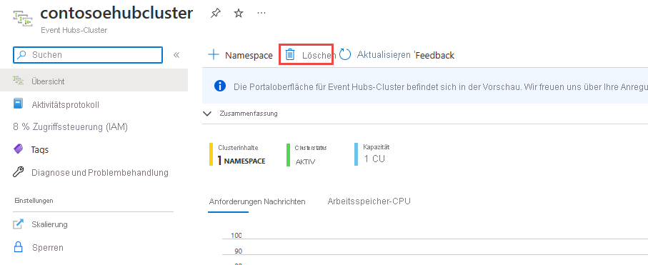 Screenshot: Schaltfläche „Löschen“ auf der Seite „Event Hubs-Cluster“