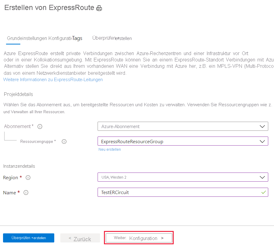 Screenshot zur Konfiguration der Ressourcengruppe und der Region.