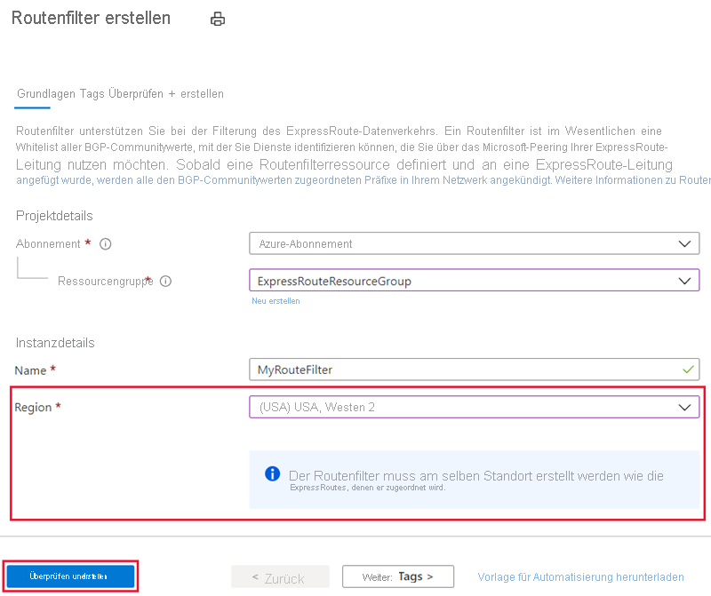 Screenshot that shows the Create route filter page with example values entered.