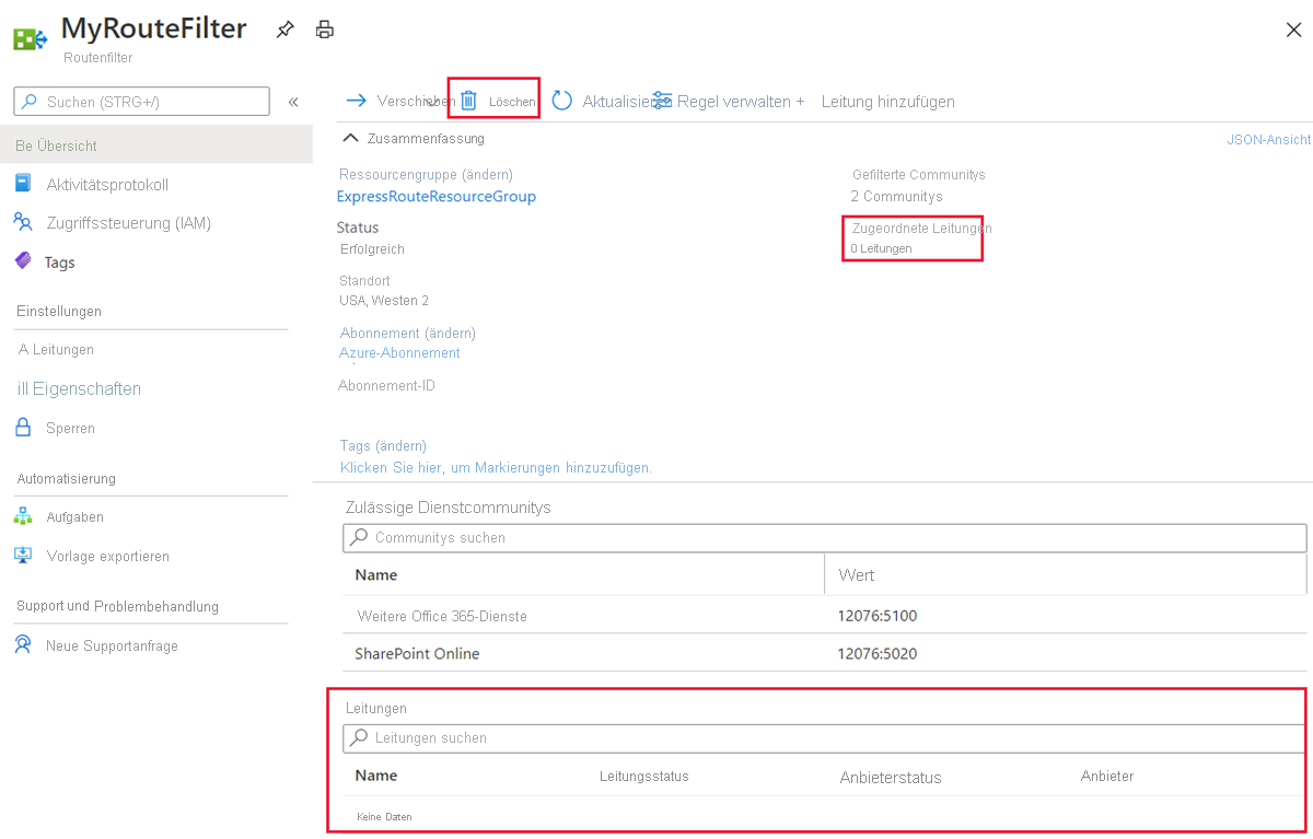 Screenshot that shows how to delete a route filter.