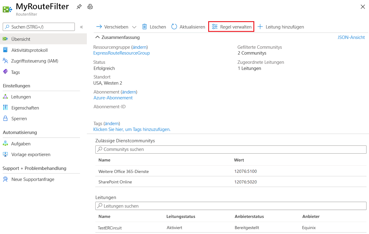 Screenshot that shows how to update Route filters with the Manage rule action.