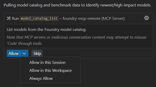 Screenshot der Optionen zum Ausführen von Foundry MCP Server-Vorgängen.