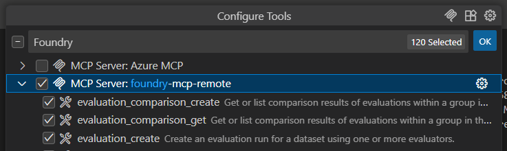Screenshot der Toolsliste des GitHub Copilot-Agentenmodus-Tools mit dem Foundry MCP Server-Tool.