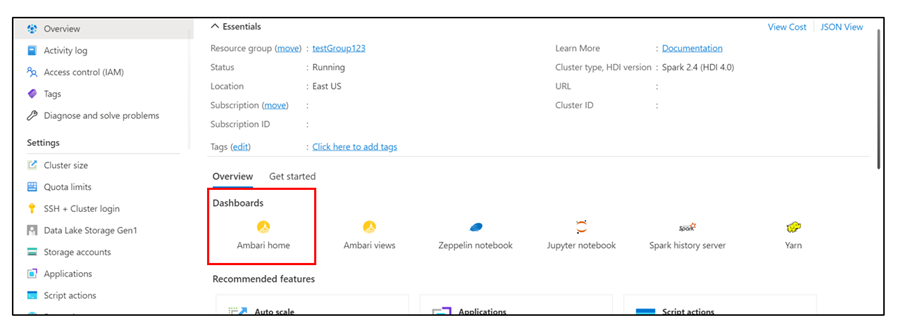 Screenshot vom Speicherort des Dashboards der Ambari-Startseite