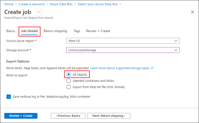 Screenshot der Registerkarte „Auftragsdetails“ für einen neuen Exportauftrag im Azure Import/Export-Auftragsportal. „Alle exportieren“ ist neben „Blobs zum Exportieren“ hervorgehoben.