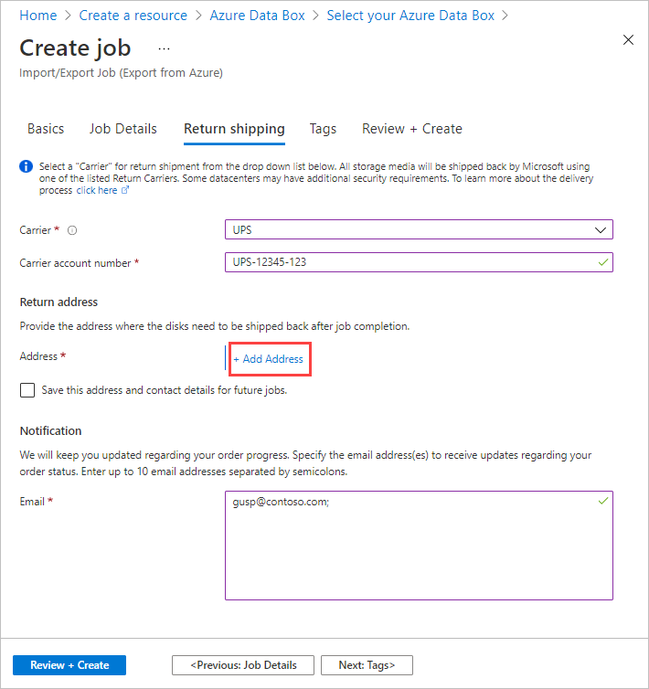 Screenshot der Registerkarte „Rückversand“ für einen Importauftrag in Azure Data Box. Die Registerkarte „Rückversand“ und die Schaltfläche „Plus Adresse hinzufügen“ sind hervorgehoben.