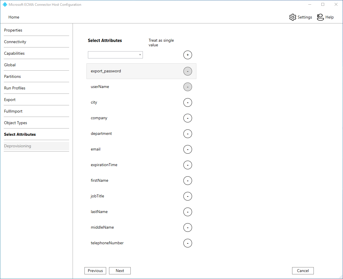 Screenshot der Seite „Attribute auswählen“.