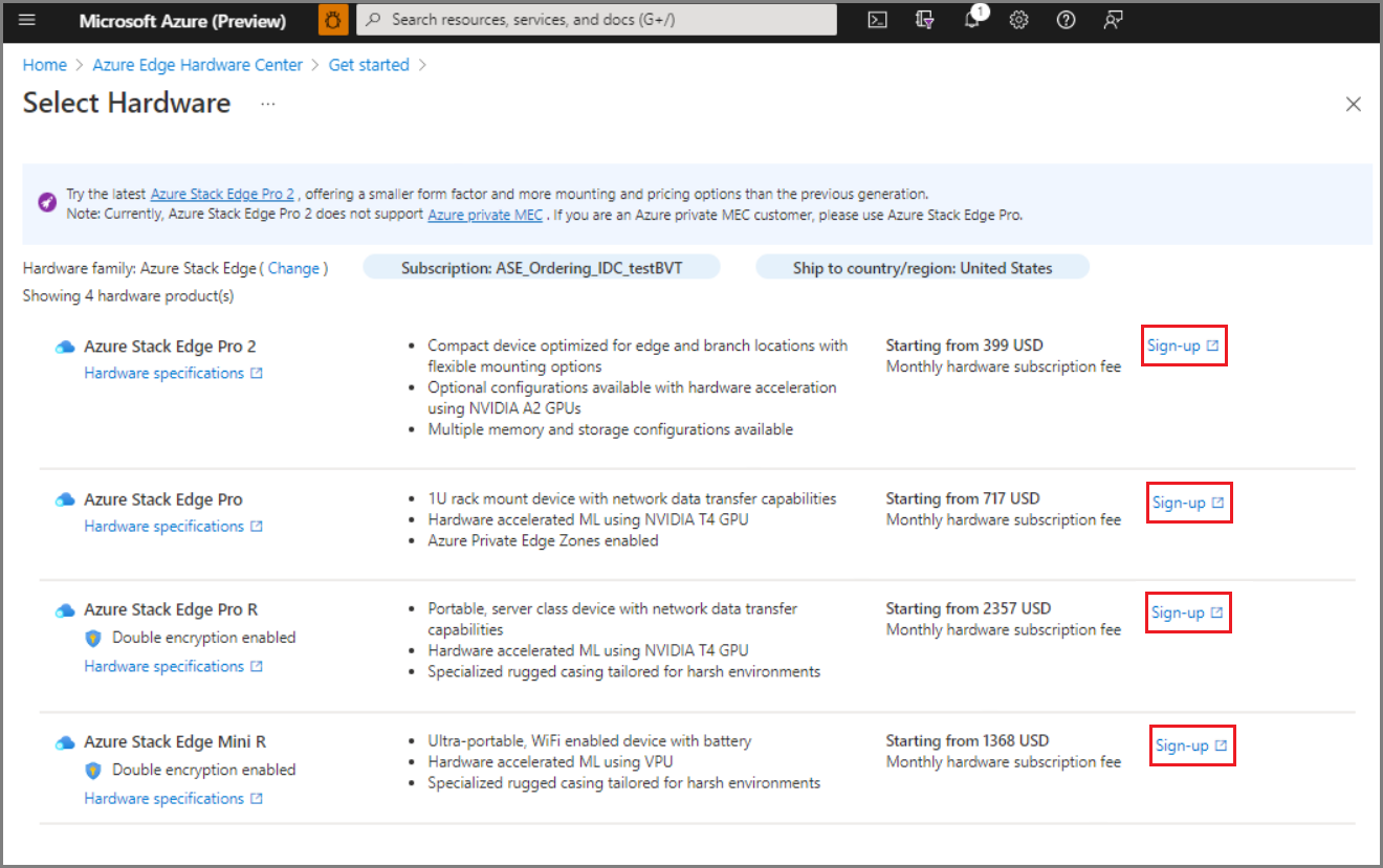 Screenshot: Webformular für erstmalige Azure Stack Edge-Hardwarebestellungen. Die Schaltfläche „Registrieren“ für ein Produkt ist hervorgehoben.