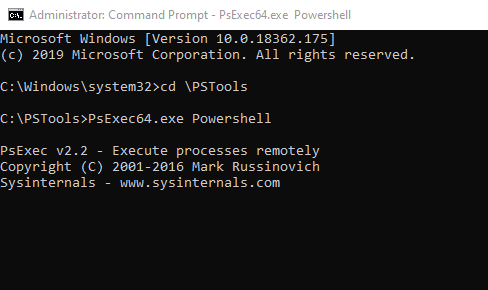 Der Screenshot zeigt ein Eingabeaufforderungsfenster mit einem Befehl zum Starten der 64-Bit-Version von PowerShell.