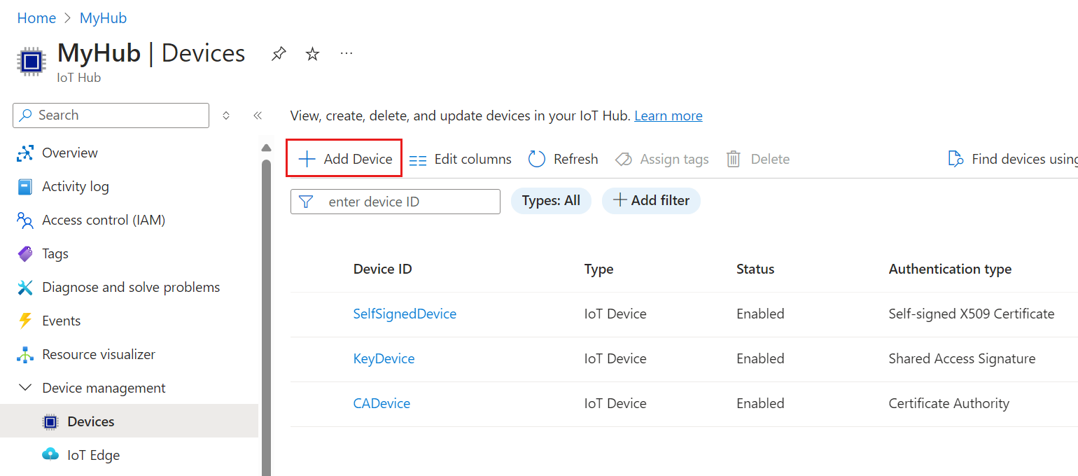Screenshot: Hinzufügen eines neuen Geräts im Azure-Portal