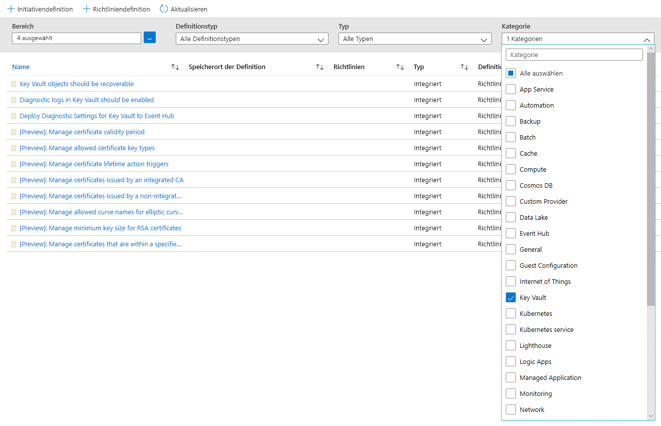 Screenshot: Kategoriefilter und die ausgewählte Kategorie „Key Vault“