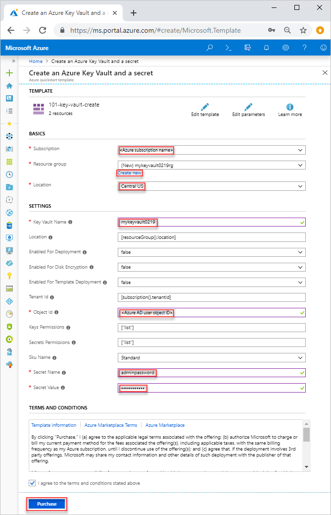 ARM-Vorlage, Key Vault-Integration, Bereitstellen (Portal)