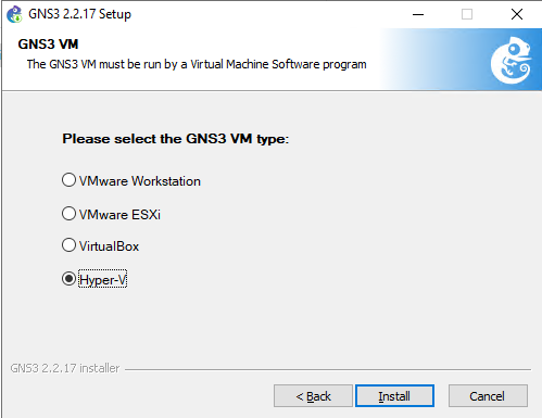 Screenshot der Seite „GNS3-VM“ im GNS3-Installationsassistenten, wobei die Option „Hyper-V“ ausgewählt ist.