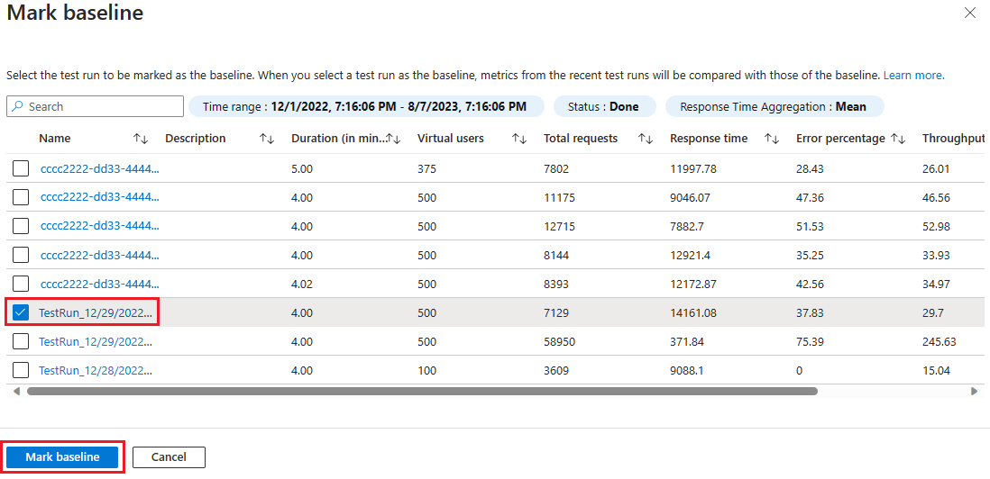 Screenshot that shows the context pane to mark a test run as baseline.