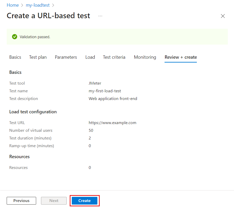 Screenshot der Schnelltestseite im Azure-Portal mit hervorgehobener Option zum Angeben der virtuellen Benutzer.