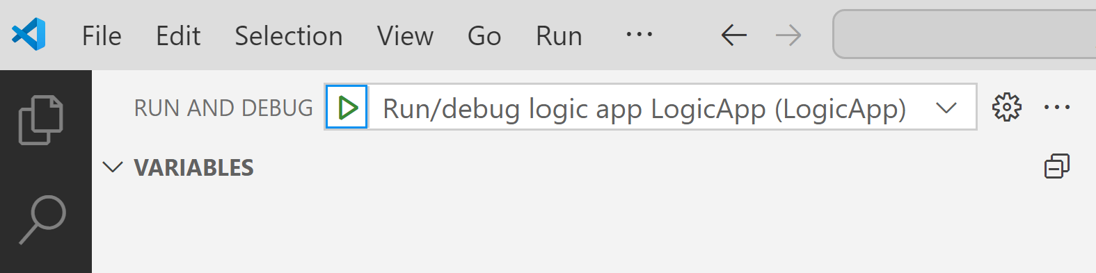 Screenshot: Liste „Ausführen und Debuggen“ mit ausgewählter Option „An Logik-App anfügen“ und Schaltfläche „Wiedergeben“.