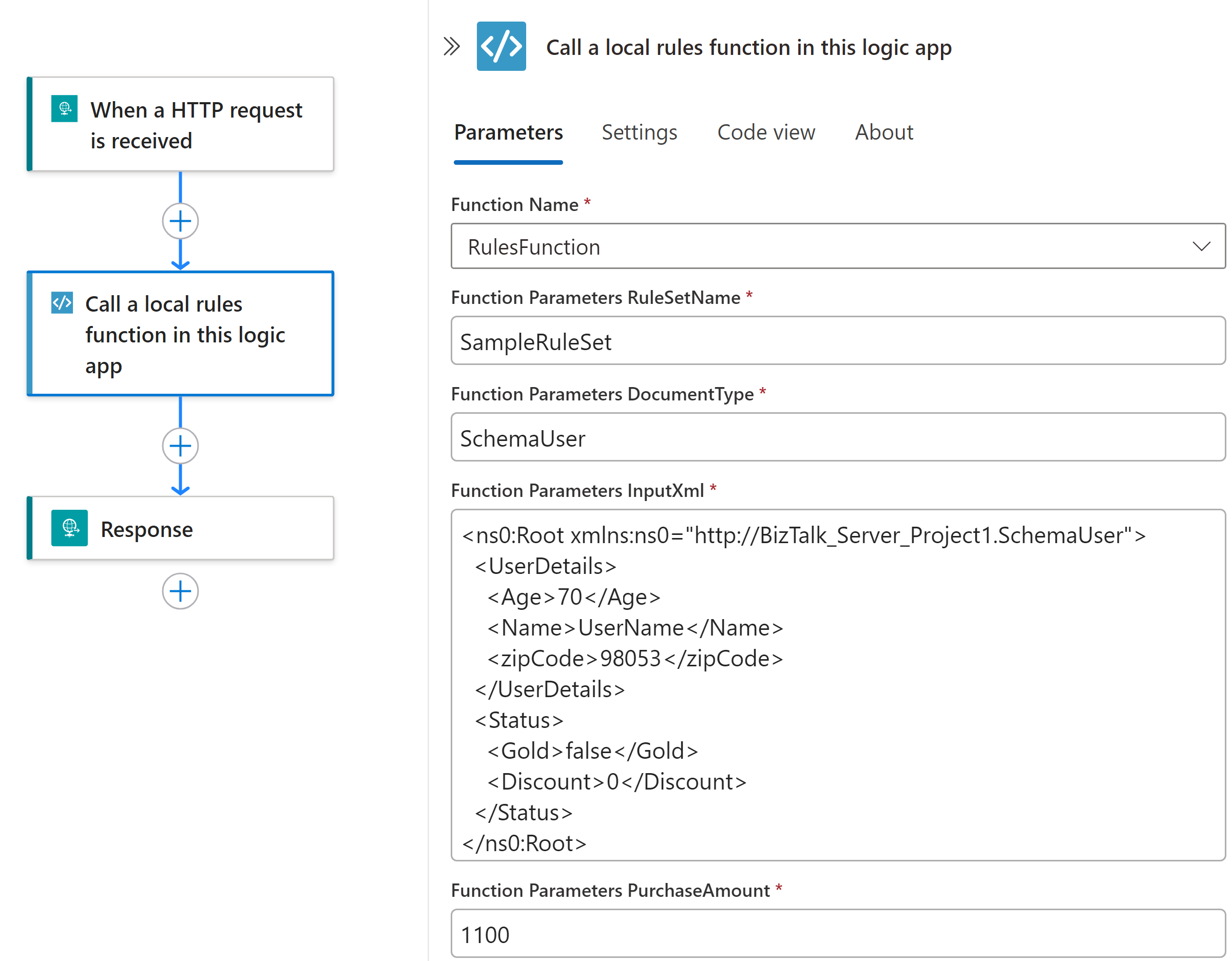 Screenshot: Visual Studio Code, Workflow-Designer und Standardworkflow mit Trigger und Aktionen.