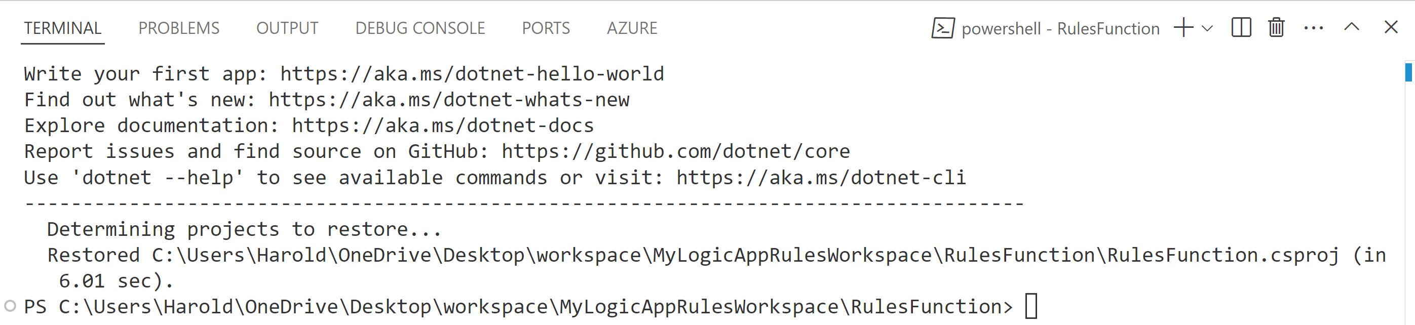 Screenshot: Visual Studio Code, Terminalfenster und ausgeführter Befehl „dotnet restore“.