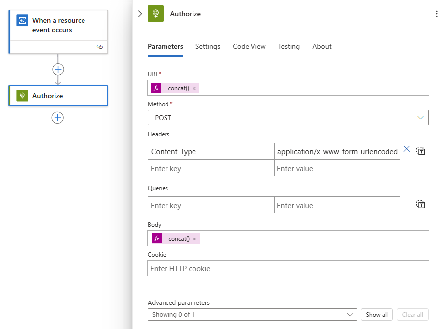 Screenshot: Beispielaktion „Autorisieren“ im Logik-App-Workflow.