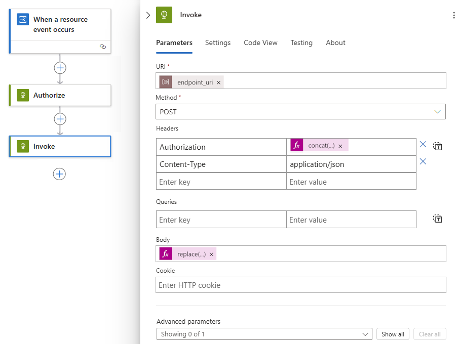 Screenshot: Beispielaktion „Aufrufen“ im Logik-App-Workflow.