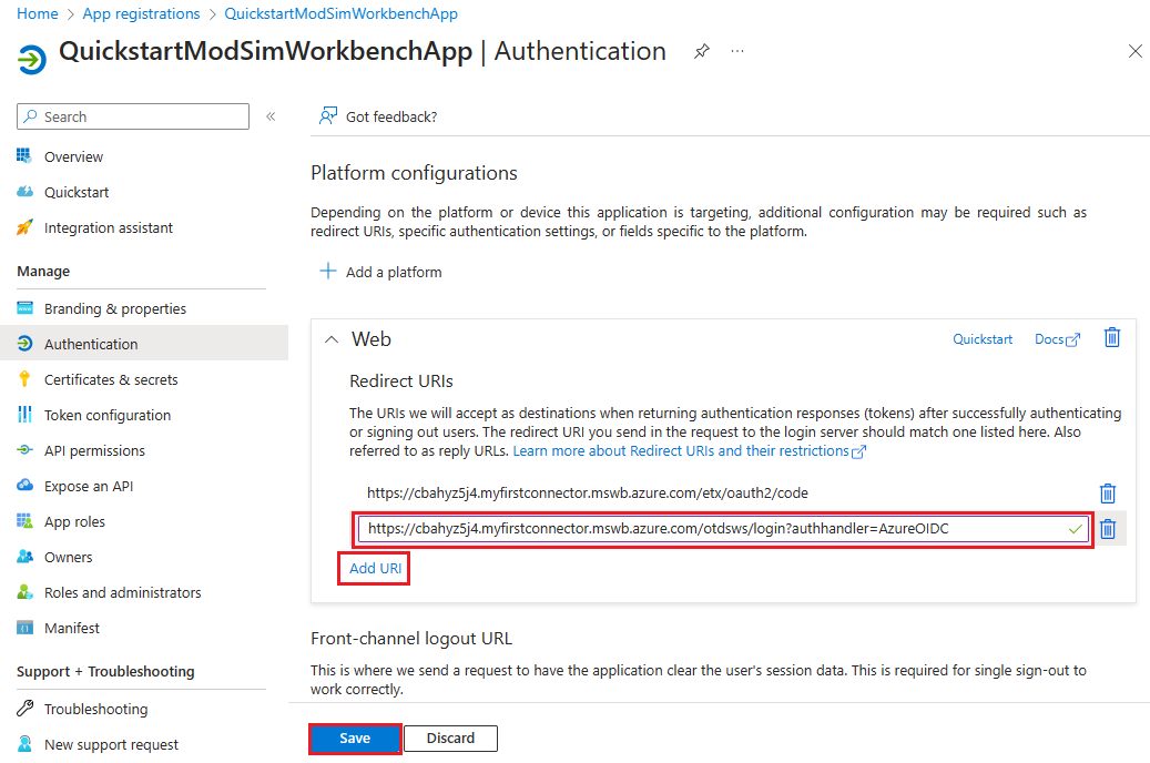 Screenshot of the Microsoft Entra app Authentication page showing where you set the second Redirect URI.