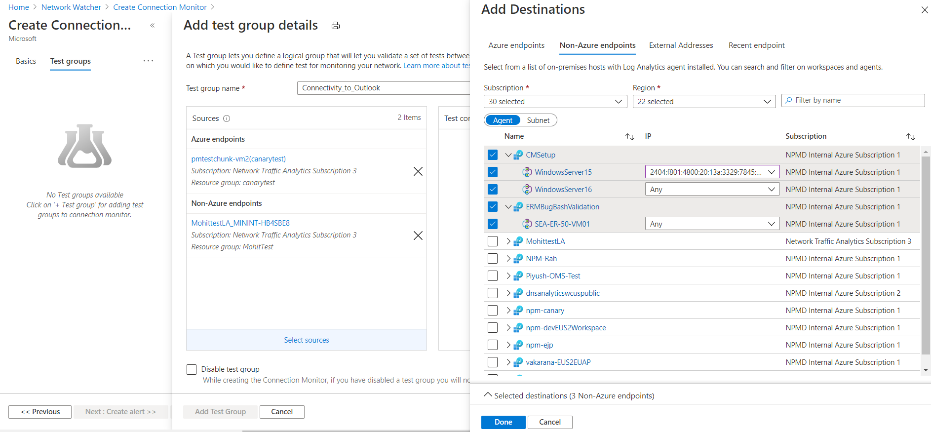 Screenshot: Bereich „Ziele hinzufügen“ und Registerkarte „Nicht-Azure-Endpunkte“