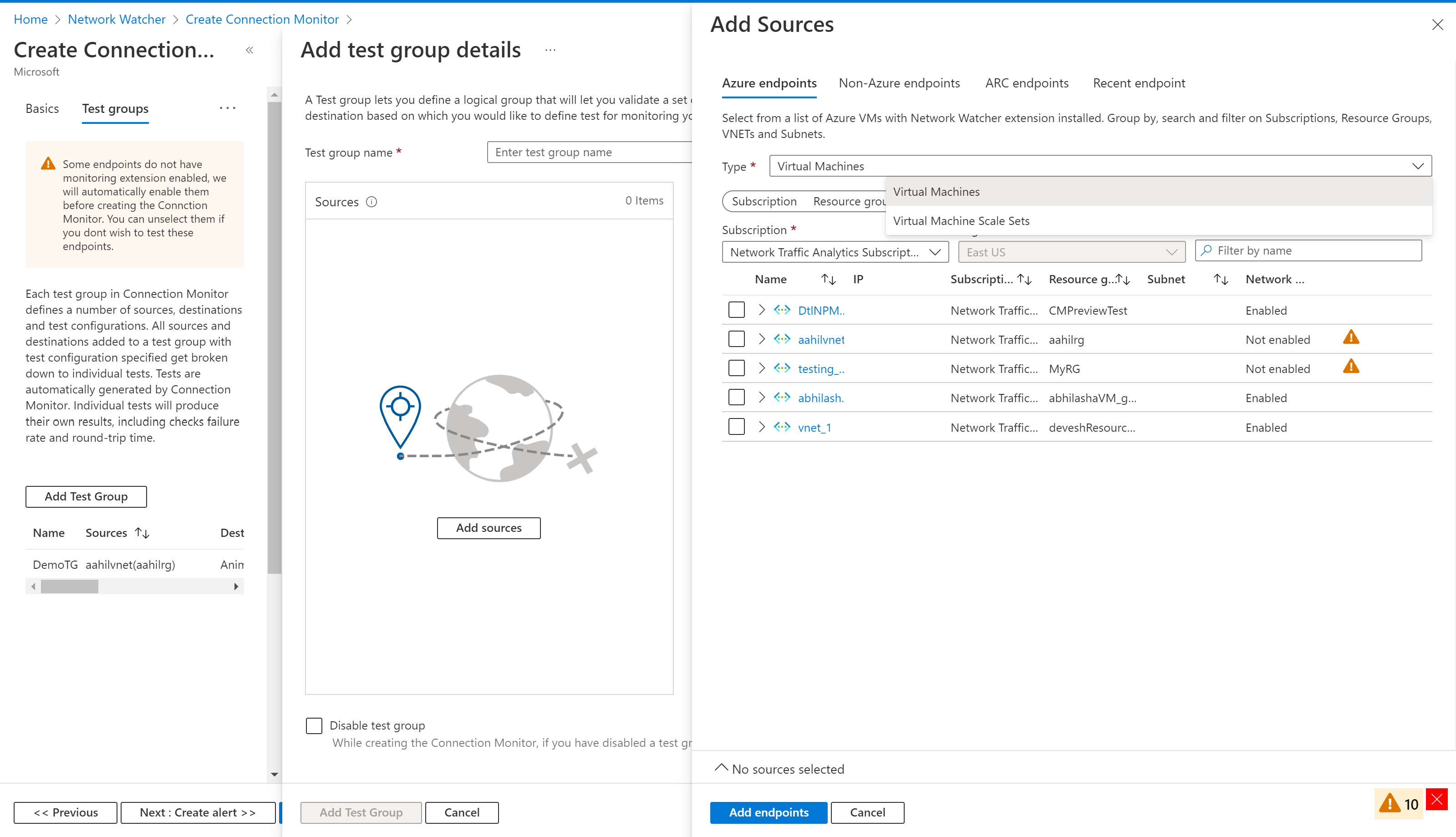 Screenshot: Bereich „Quellen hinzufügen“ und Azure-Endpunkte, einschließlich der Registerkarte „VM-Skalierungsgruppen“ im Verbindungsmonitor.