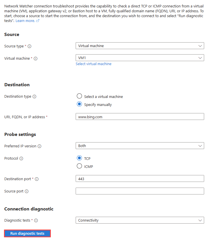 Screenshot, der die Verbindungsproblembehandlung im Azure-Portal zeigt, um die Verbindung zwischen einer VM und einer Microsoft Bing-Website zu testen.