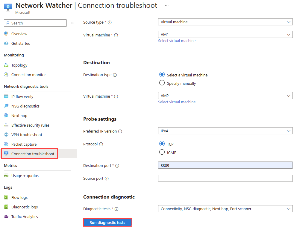Screenshot, der die Problembehandlung bei der Network Watcher-Verbindung im Azure-Portal zeigt, um die Verbindung zwischen zwei VMs zu testen.
