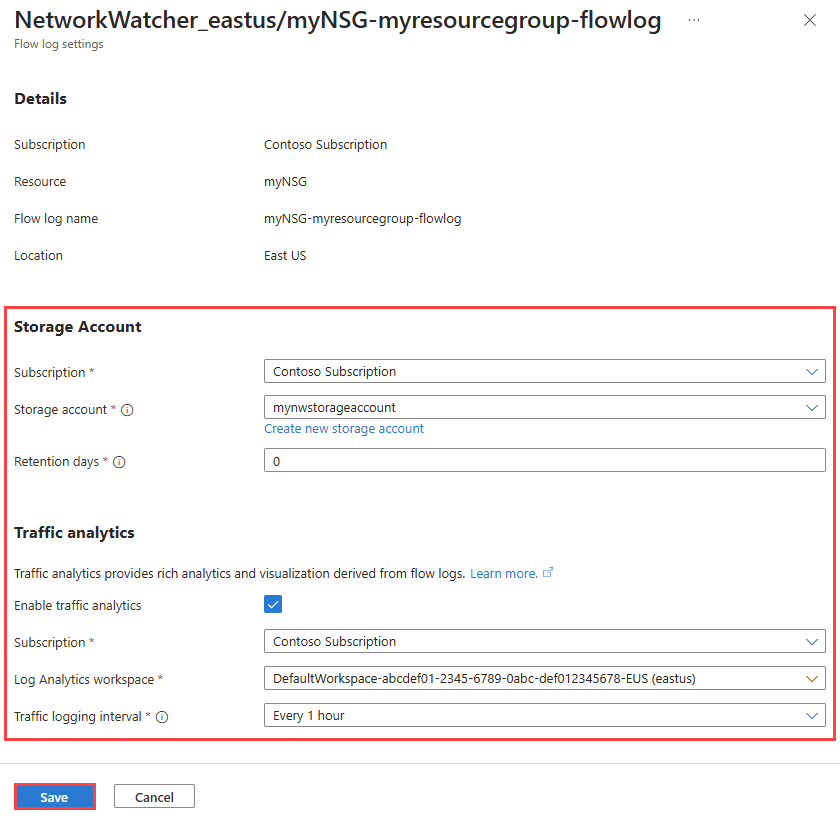 Screenshot der Bearbeitung von Einstellungen eines Datenflussprotokolls für ein virtuelles Netzwerk im Azure-Portal