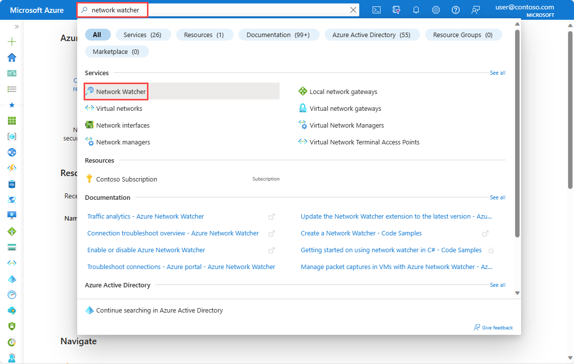 Screenshot: Suchen von Network Watcher im Azure-Portal.