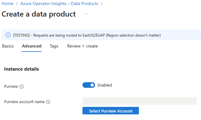 Screenshot der Registerkarte „Erweitert“ auf der Seite „Datenprodukt erstellen“ in Azure Operator Insights.