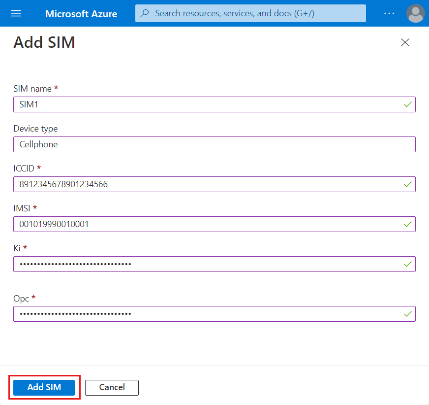 Screenshot of the Azure portal showing the Add SIM screen.