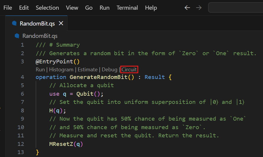 Screenshot einer Q#-Datei in Visual Studio Code, der zeigt, wo der „Code Lens“-Befehl zu finden ist.