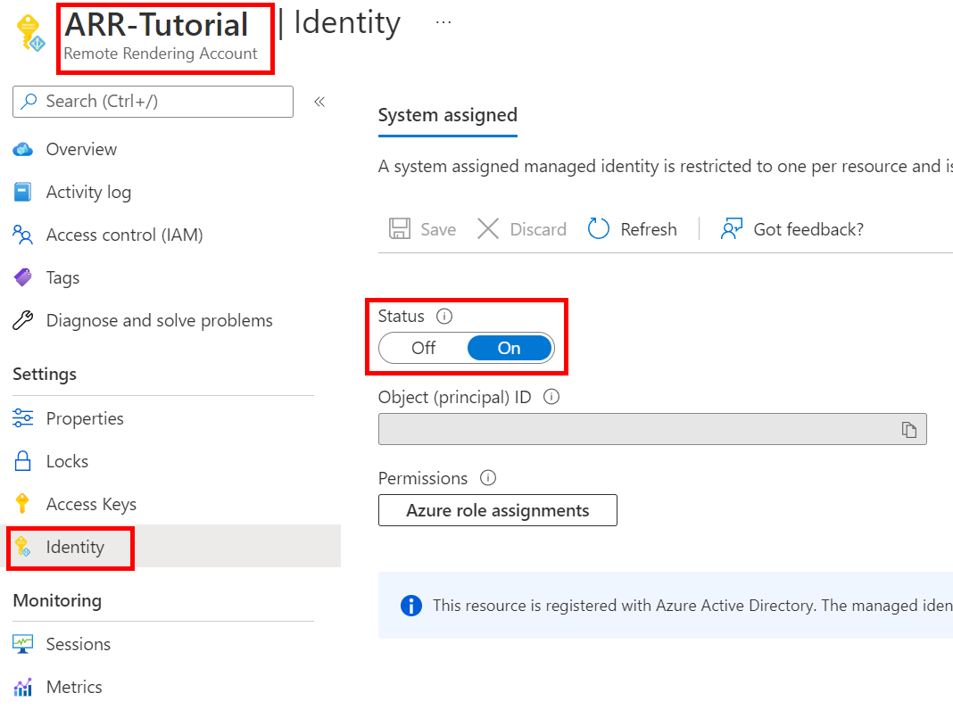 Screenshot of Remote Rendering Account Page in sub menu settings, identity, with the option System assigned status turned on.