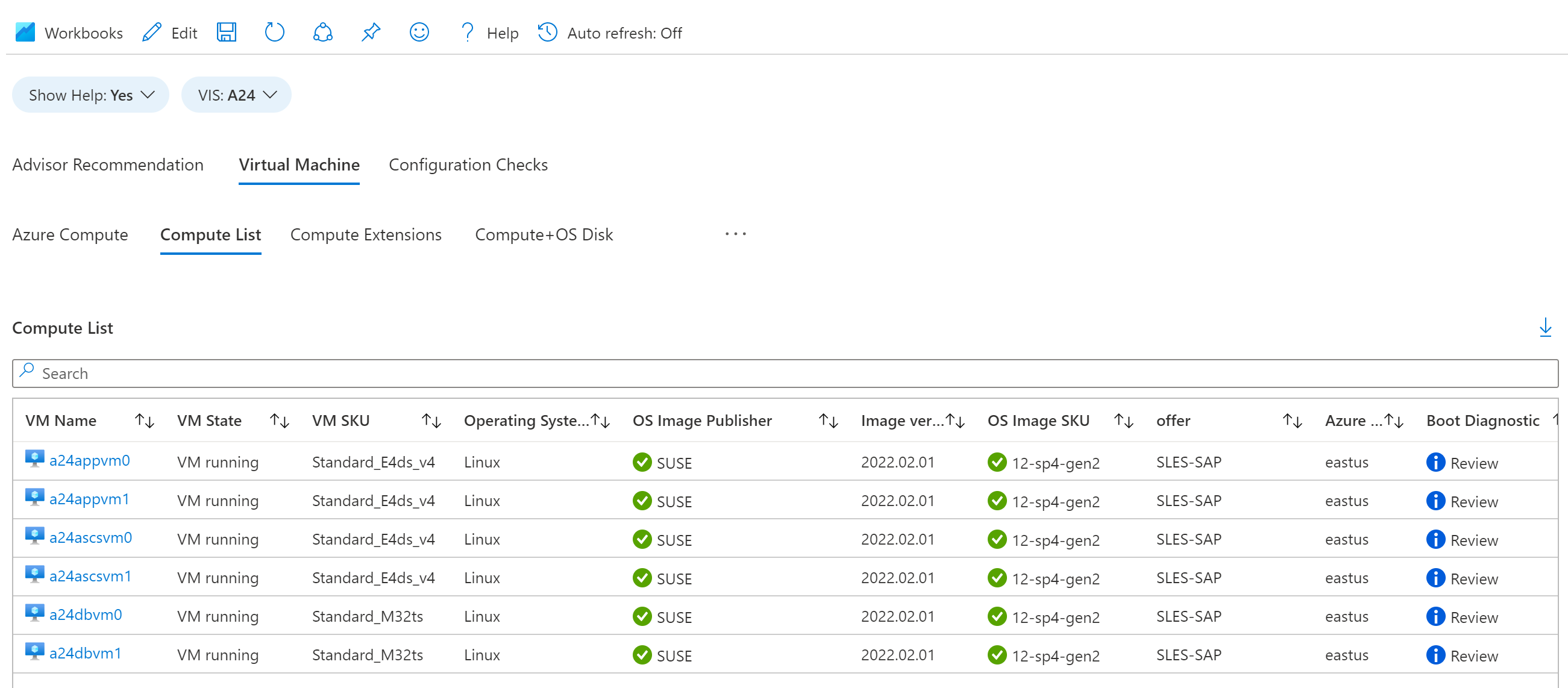 Screenshot: Die Registerkarte „Compute List“ mit einer Tabelle der Details zu den VMs in einer VIS-Ressource