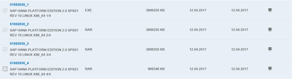 Screenshot der herunterzuladenden HANA-Installationsdateien