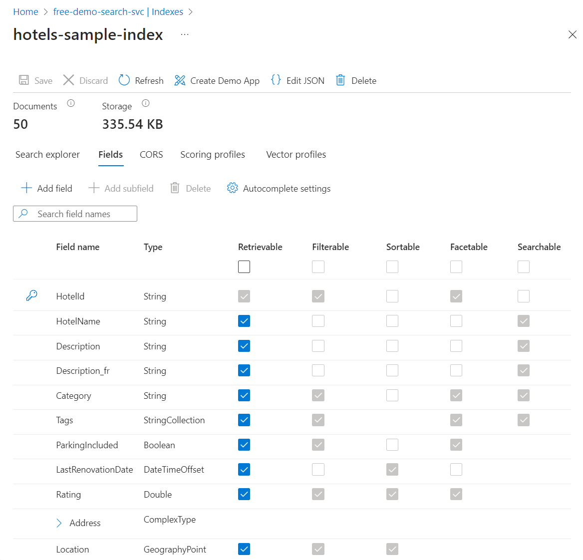 Screenshot: Schemadefinition für einen Index im Dienst für Azure KI-Suche im Azure-Portal