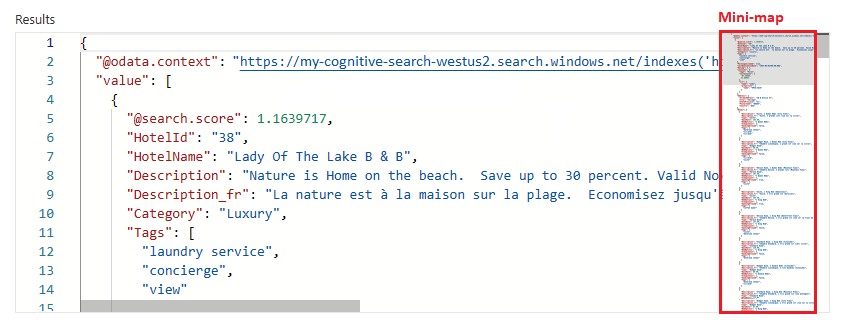 Screenshot: Lange Ergebnisse für eine Abfrage im Suchexplorer-Tool und Minikarte