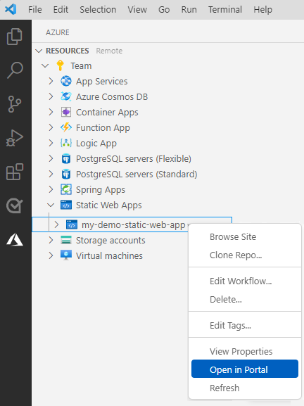 Screenshot von Visual Studio Code mit dem Azure Static Web Apps-Explorer mit der Option „Im Portal öffnen“