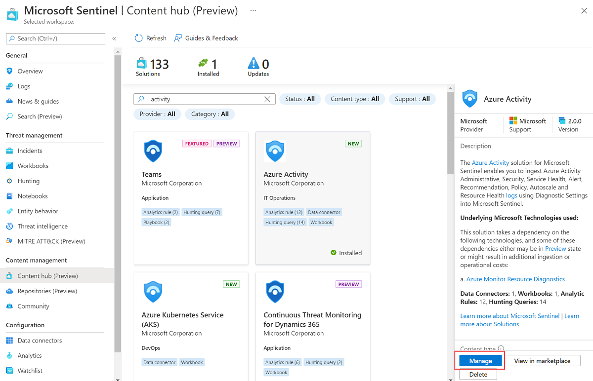 Screenshot der Schaltfläche „Verwalten“ auf der Detailseite der Azure Activity-Inhaltshub-Lösung.