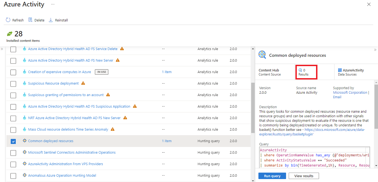 Screenshot des Inhaltselements für geklonte Suchabfragen in der Lösung für Azure Activity.