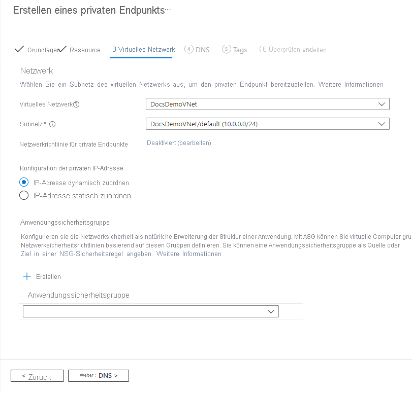 Screenshot: Seite „Virtuelles Netzwerk“ des Assistenten zum Erstellen eines privaten Endpunkts.