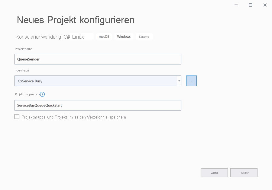 Image showing the solution and project names in the Configure your new project dialog box 