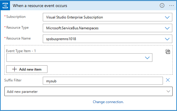 Screenshot: Logikappdesigner mit Verbindungskonfiguration für den Service Bus-Namespace.