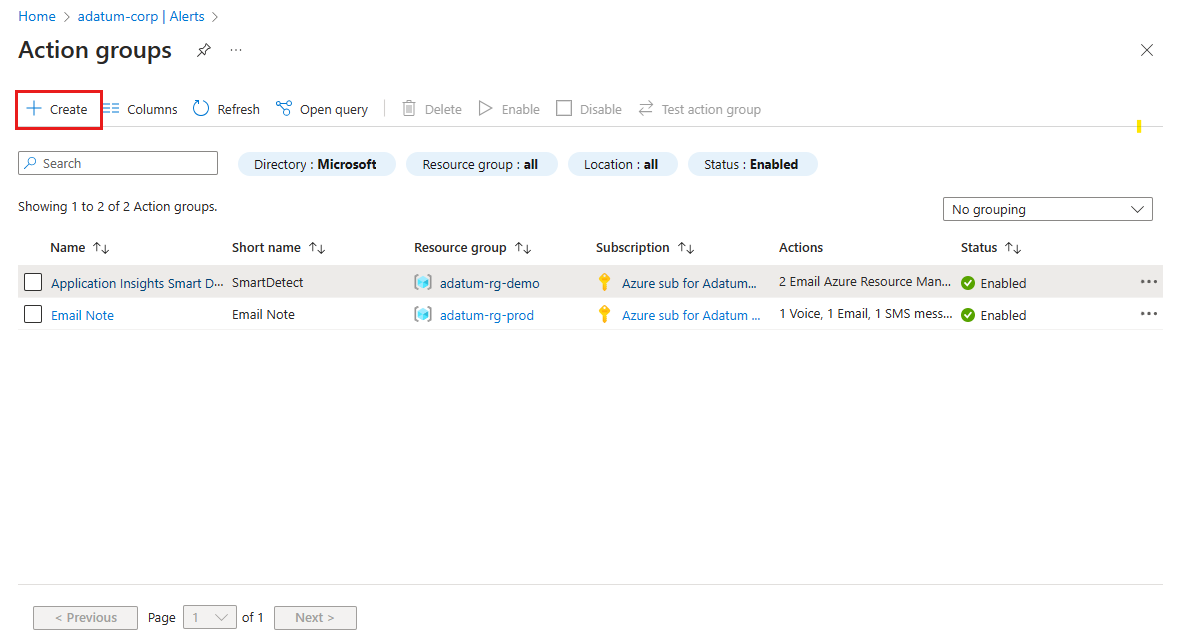Screenshot des Azure-Portals mit der Seite „Aktionsgruppen“, auf der die Schaltfläche „Erstellen“ hervorgehoben ist.